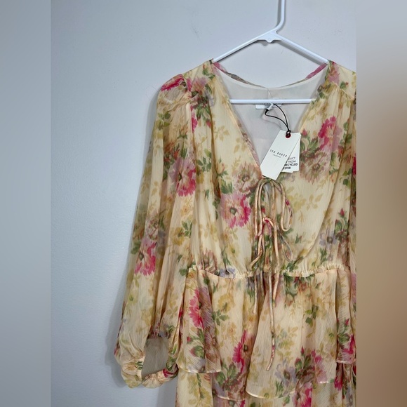 Ted Baker V-Neck GGT Printed Tie-front Mini Floral Chiffon Dress Yellow Accents - Picture 3 of 16